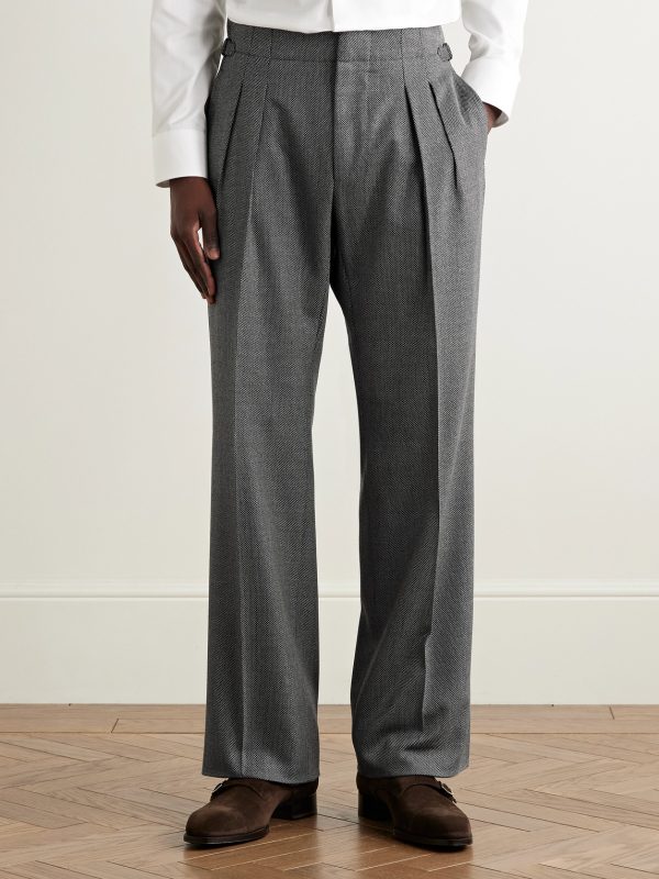 Straight-Leg Pleated Birdseye Wool Suit Trousers - FR