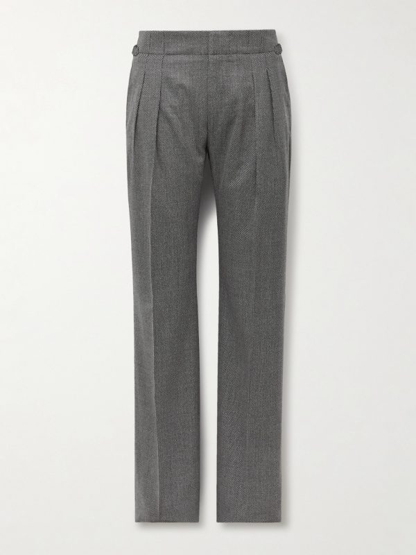 Straight-Leg Pleated Birdseye Wool Suit Trousers