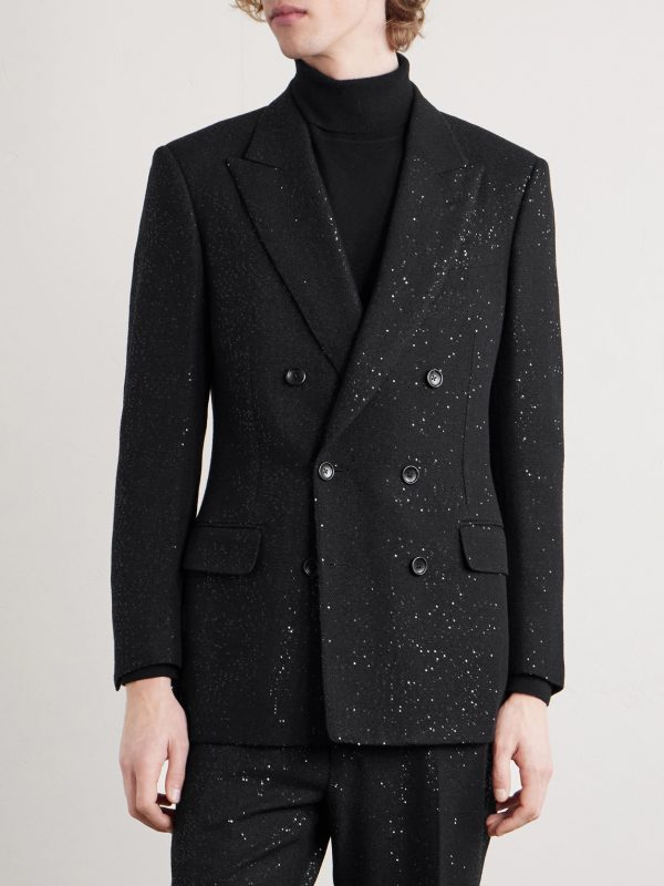 Double-Breasted Sequined Wool-Blend Suit Jacket - FR Double-Breasted Sequined Wool-Blend Suit Jacket - FR