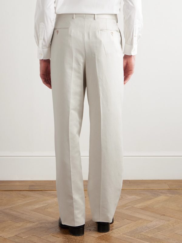 Wide-Leg Pleated Cotton and Silk-Blend Satin Tuxedo Trousers - BK