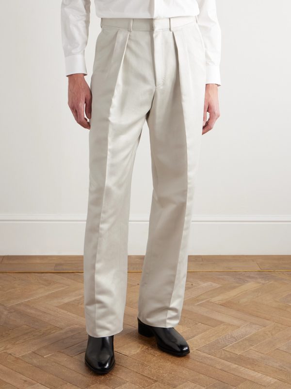 Wide-Leg Pleated Cotton and Silk-Blend Satin Tuxedo Trousers - FR
