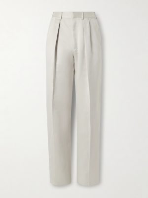 Wide-Leg Pleated Cotton and Silk-Blend Satin Tuxedo Trousers