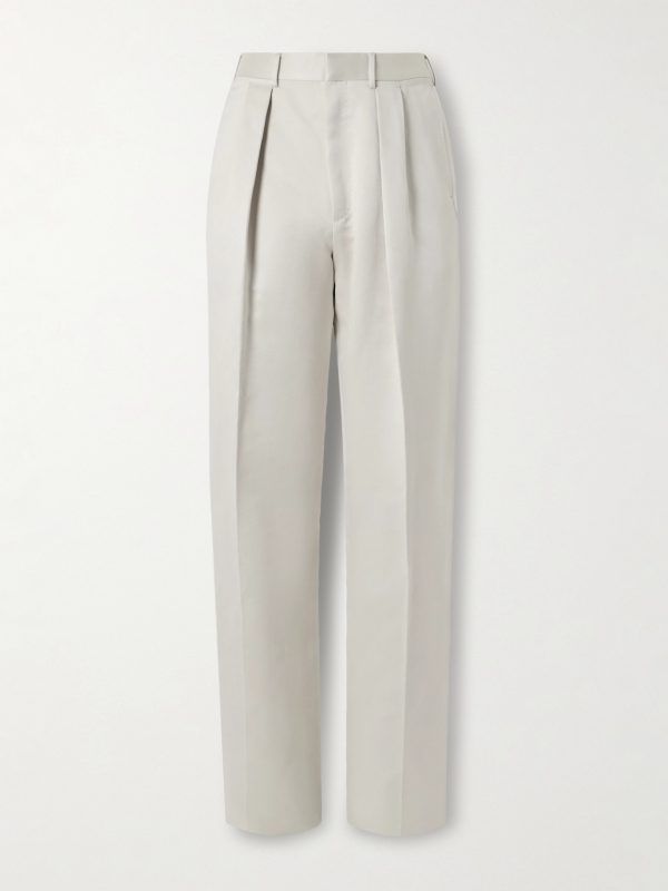 Wide-Leg Pleated Cotton and Silk-Blend Satin Tuxedo Trousers
