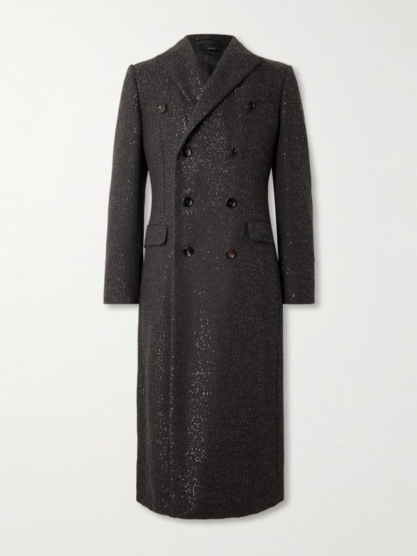 Double-Breasted Sequin-Embellished Wool-Blend Twill Coat