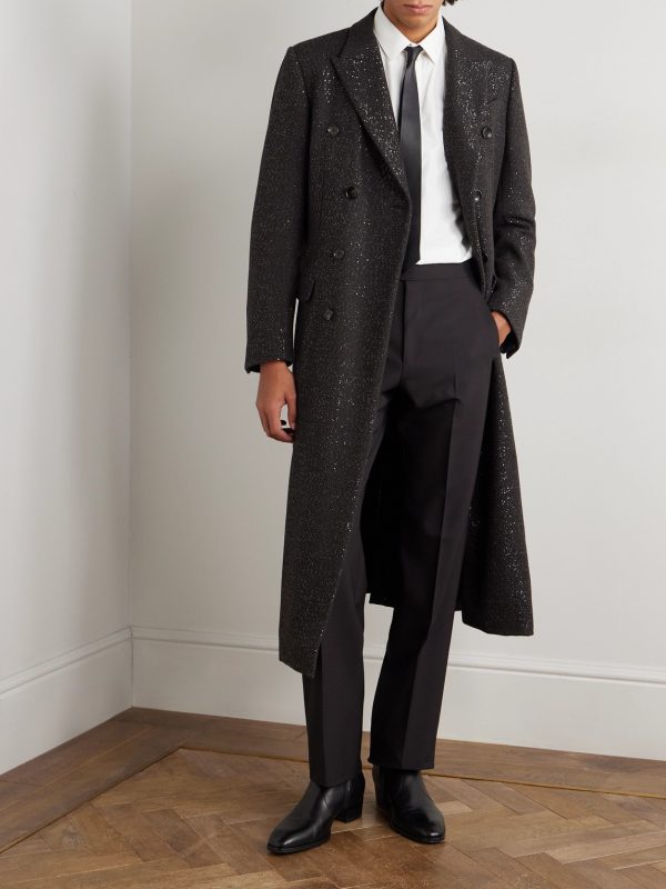 Double-Breasted Sequin-Embellished Wool-Blend Twill Coat - OU