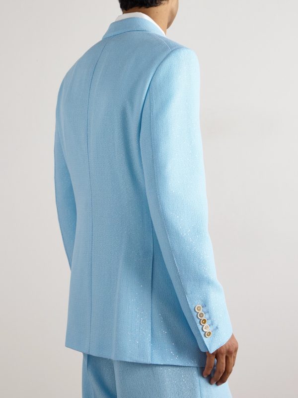 Double-Breasted Sequinned Wool-Blend Suit Jacket - BK
