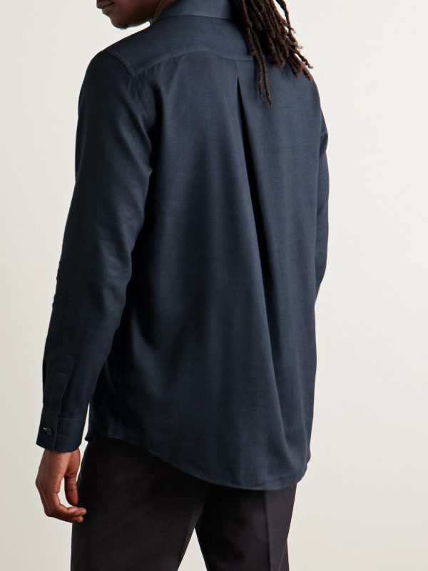 Convertible-Collar Herringbone Cotton and Lyocell-Blend Shirt - BK
