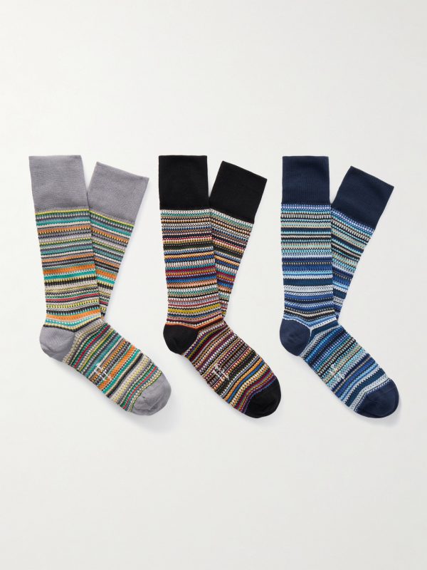 Three-Pack Striped Cotton-Blend Socks