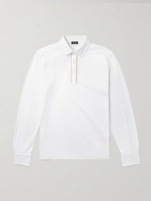 Suede-Trimmed Cotton-Piqué Polo Shirt Suede-Trimmed Cotton-Piqué Polo Shirt