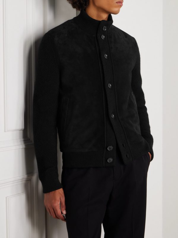 Suede-Trimmed Textured-Cashmere Jacket - FR Suede-Trimmed Textured-Cashmere Jacket - FR