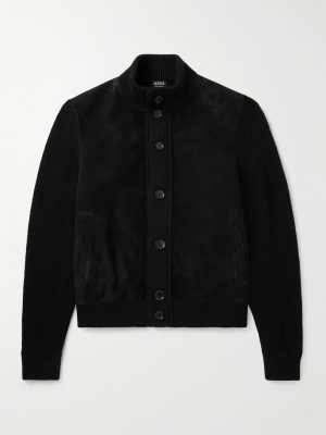 Suede-Trimmed Textured-Cashmere Jacket