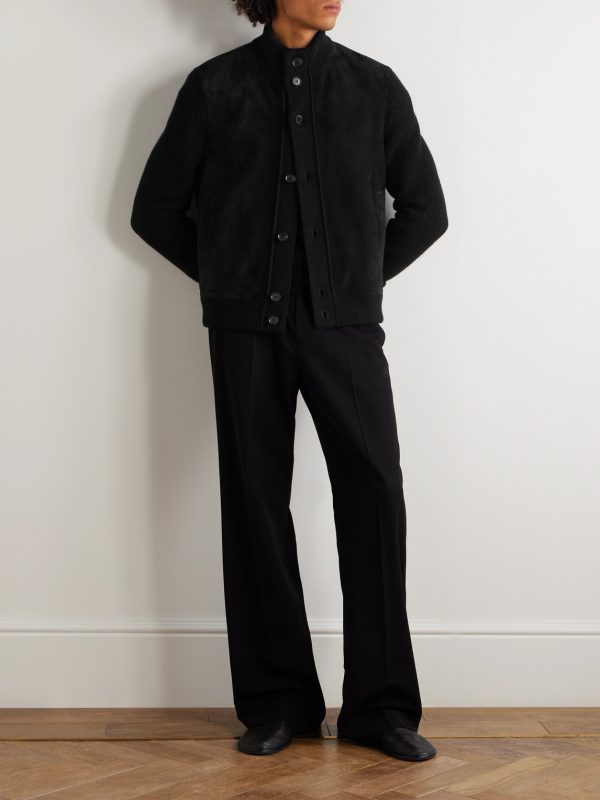 Suede-Trimmed Textured-Cashmere Jacket - OU Suede-Trimmed Textured-Cashmere Jacket - OU