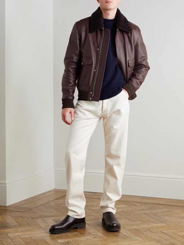 Shearling-Trimmed Full-Grain Leather Blouson Jacket - OU Shearling-Trimmed Full-Grain Leather Blouson Jacket - OU