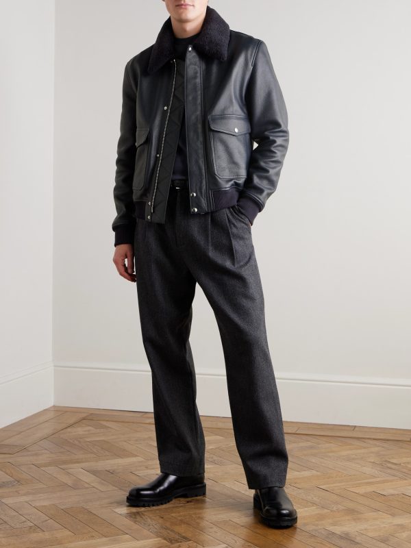 Shearling-Trimmed Full-Grain Leather Blouson Jacket - OU Shearling-Trimmed Full-Grain Leather Blouson Jacket - OU