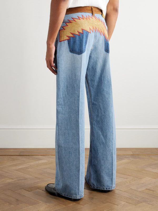 + Slawn and Soldier Straight-Leg Appliquéd Cotton Velvet-Trimmed Jeans - BK + Slawn and Soldier Straight-Leg Appliquéd Cotton Velvet-Trimmed Jeans - BK