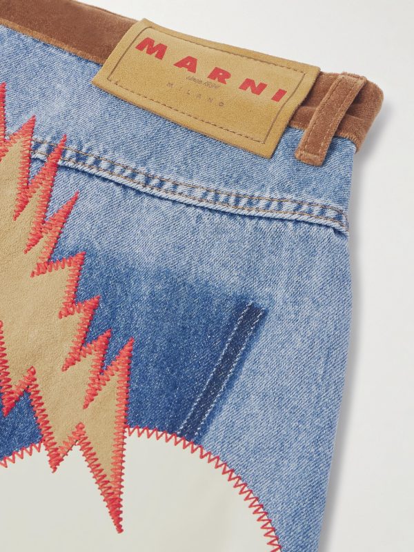 + Slawn and Soldier Straight-Leg Appliquéd Cotton Velvet-Trimmed Jeans - CU + Slawn and Soldier Straight-Leg Appliquéd Cotton Velvet-Trimmed Jeans - CU
