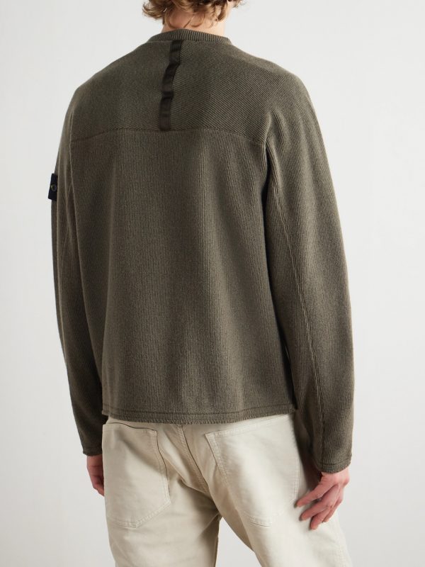 Logo-Appliquéd Grosgrain-Trimmed Garment-Dyed Ribbed Wool-Blend Sweatshirt - BK