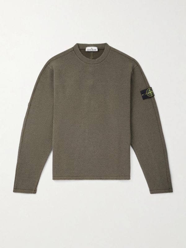 Logo-Appliquéd Grosgrain-Trimmed Garment-Dyed Ribbed Wool-Blend Sweatshirt