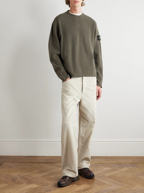 Logo-Appliquéd Grosgrain-Trimmed Garment-Dyed Ribbed Wool-Blend Sweatshirt - OU