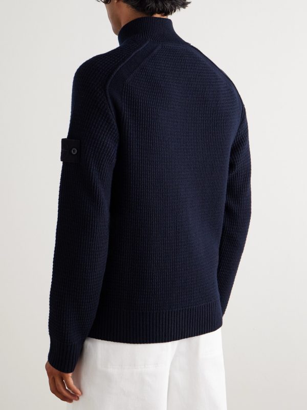 STONE ISLAND GHOST Waffle-Knit Virgin Wool Zip-Up Cardigan - BK STONE ISLAND GHOST Waffle-Knit Virgin Wool Zip-Up Cardigan - BK