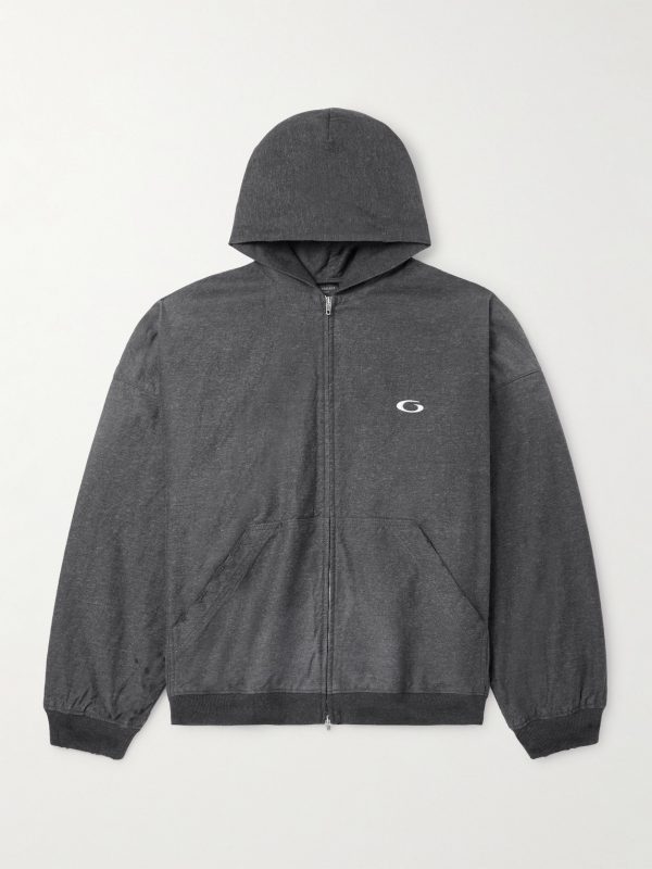 Logo-Embroidered Printed Denim Zip-Up Hoodie