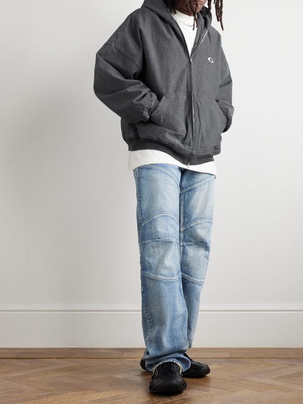Logo-Embroidered Printed Denim Zip-Up Hoodie - OU