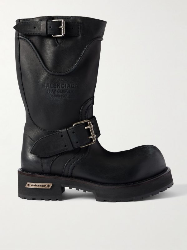 Venom Logo-Debossed Distressed Leather Boots Venom Logo-Debossed Distressed Leather Boots