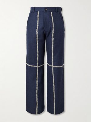 Rabari Straight-Leg Embroidered Textured-Wool Trousers