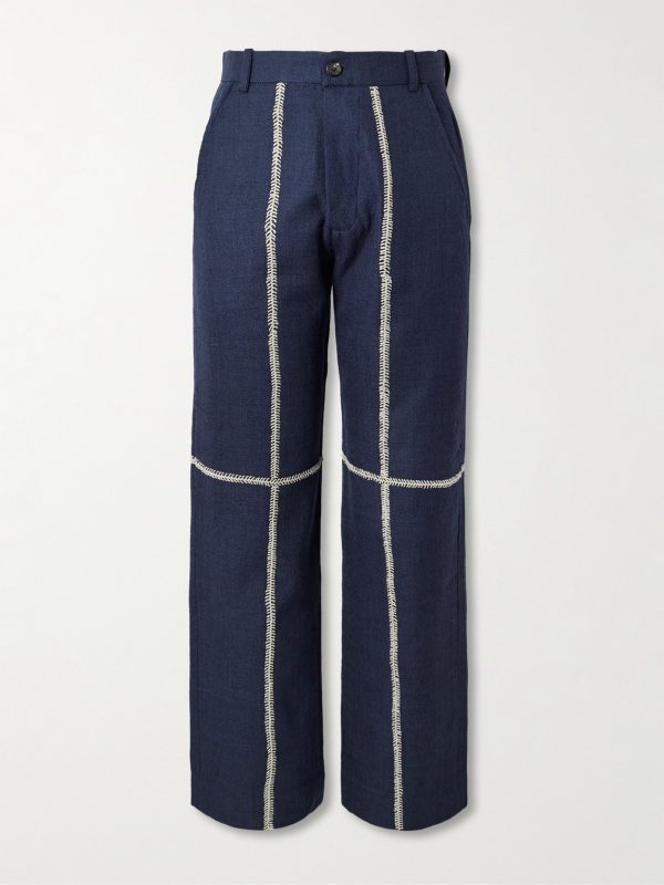 Rabari Straight-Leg Embroidered Textured-Wool Trousers