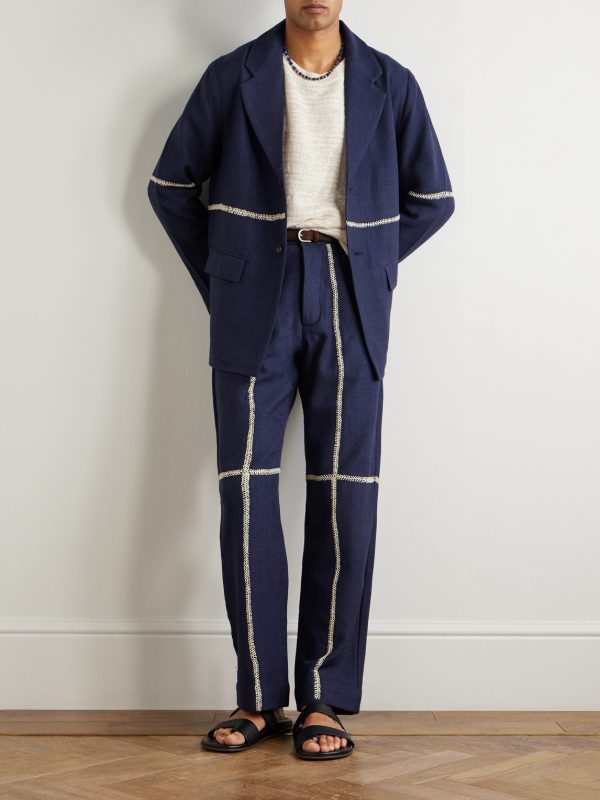 Rabari Straight-Leg Embroidered Textured-Wool Trousers - OU