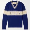 Embroidered Striped Virgin Wool and Cotton-Blend Sweater