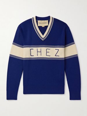 Embroidered Striped Virgin Wool and Cotton-Blend Sweater