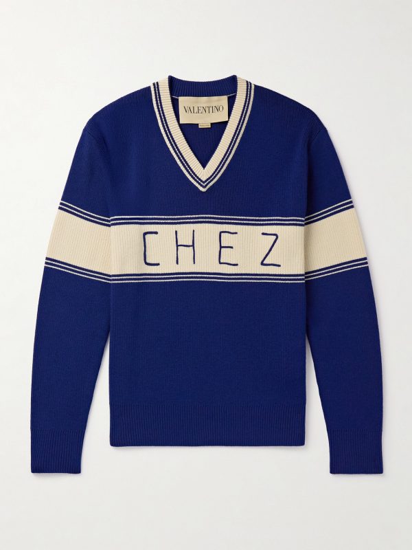 Embroidered Striped Virgin Wool and Cotton-Blend Sweater