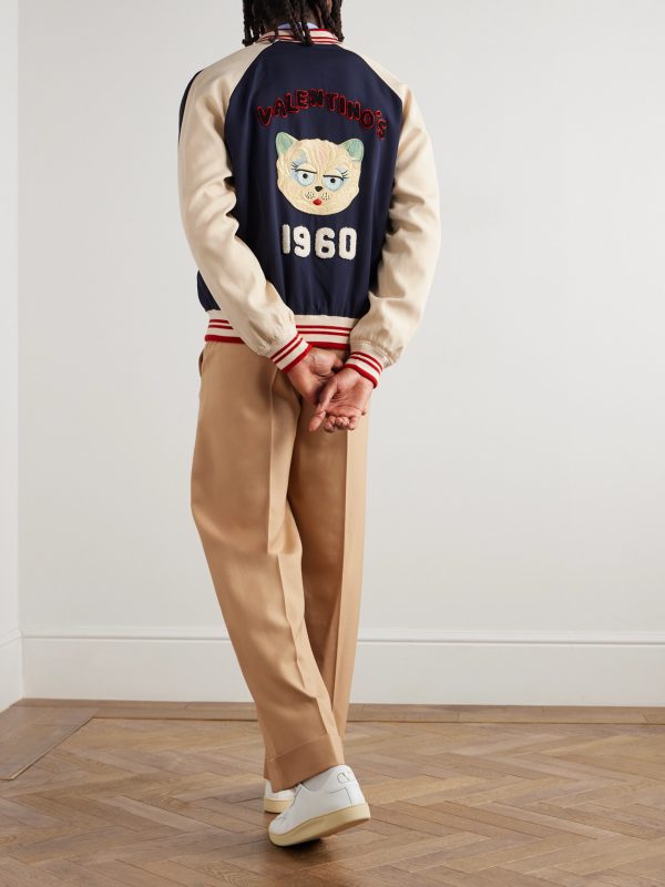 Le Chat De La Maison Logo-Appliquéd Two-Tone Virgin Wool and Cotton-Blend Twill Bomber Jacket - OU Le Chat De La Maison Logo-Appliquéd Two-Tone Virgin Wool and Cotton-Blend Twill Bomber Jacket - OU