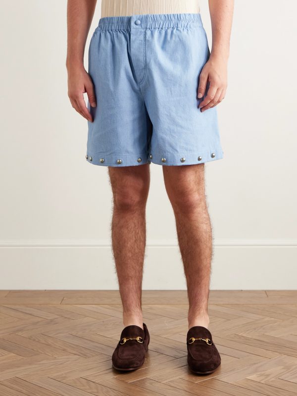 Straight-Leg Studded Cotton-Chambray Shorts - FR
