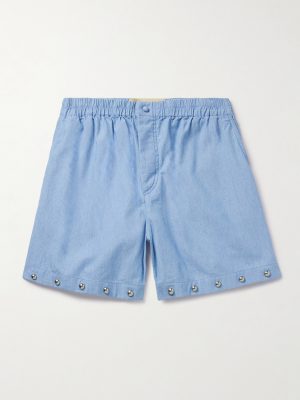 Straight-Leg Studded Cotton-Chambray Shorts