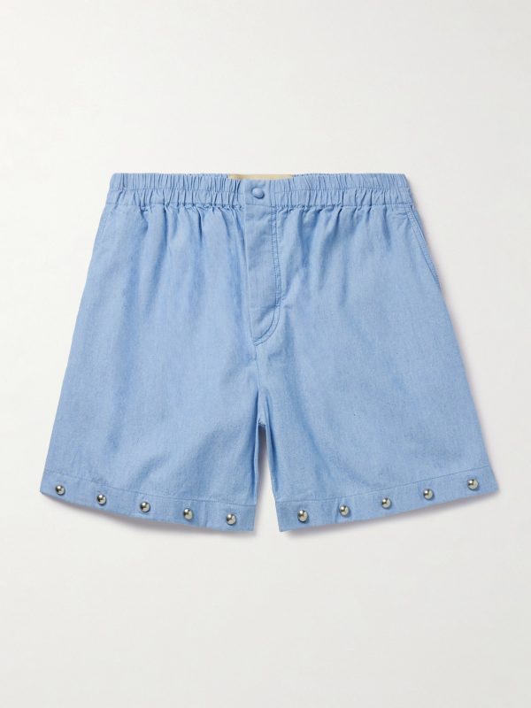Straight-Leg Studded Cotton-Chambray Shorts