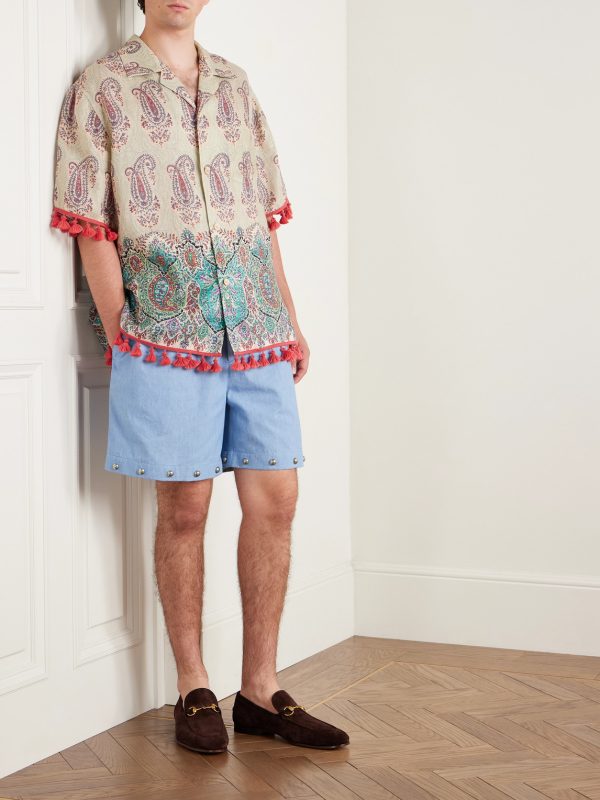 Straight-Leg Studded Cotton-Chambray Shorts - OU
