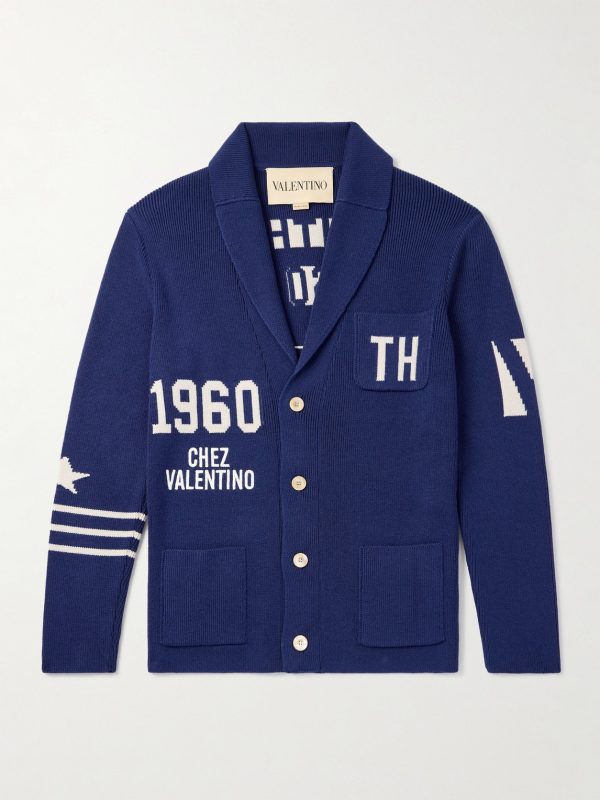 Chez Valentino Slim-Fit Shawl-Collar Intarsia Wool Cardigan Chez Valentino Slim-Fit Shawl-Collar Intarsia Wool Cardigan