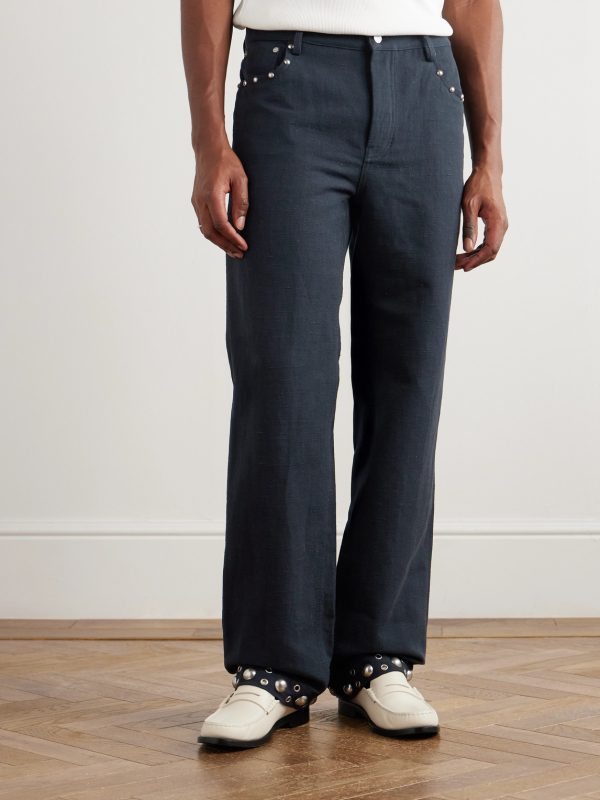 Straight-Leg Embellished Linen and Cotton-Blend Trousers - FR