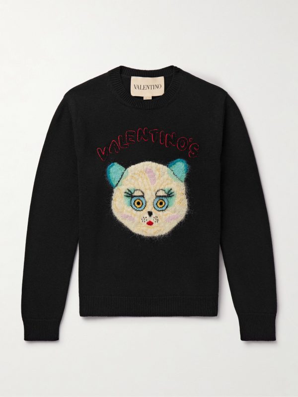 Logo-Appliquéd Intarsia-Knit Cotton and Virgin Wool-Blend Sweater Logo-Appliquéd Intarsia-Knit Cotton and Virgin Wool-Blend Sweater
