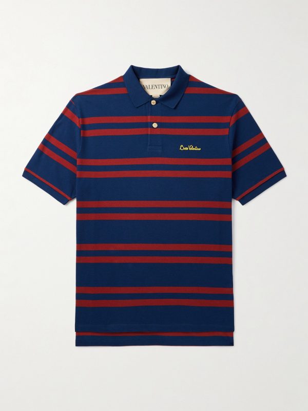 Chez Valentino Logo-Embroidered Striped Cotton-Piqué Polo Shirt Chez Valentino Logo-Embroidered Striped Cotton-Piqué Polo Shirt
