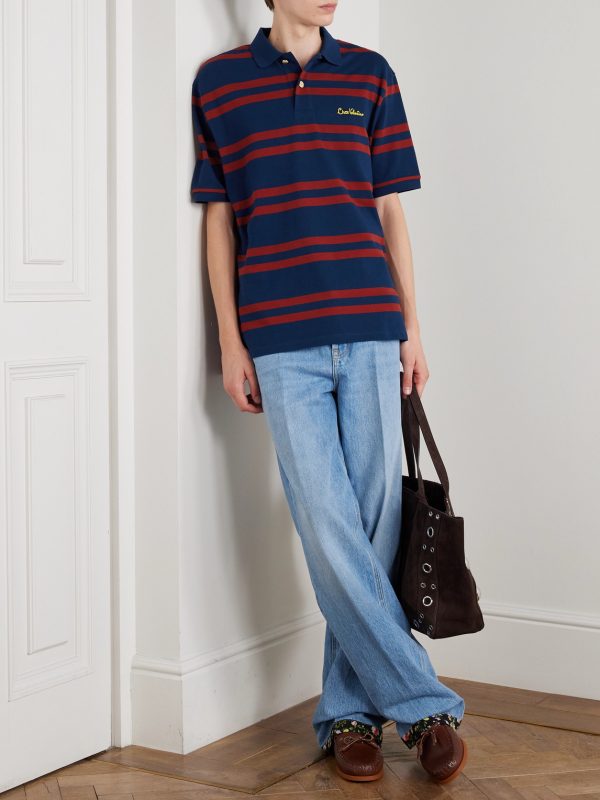 Chez Valentino Logo-Embroidered Striped Cotton-Piqué Polo Shirt - OU Chez Valentino Logo-Embroidered Striped Cotton-Piqué Polo Shirt - OU