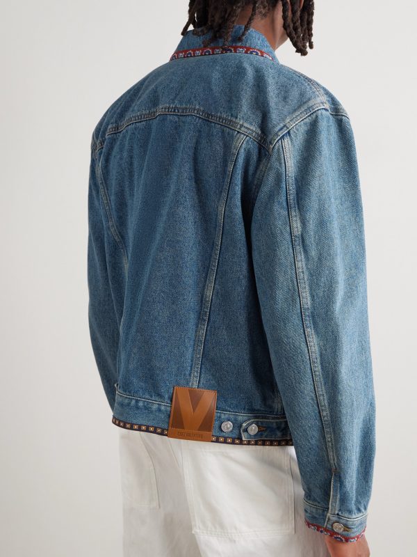 Bead-Embellished Floral-Trimmed Denim Jacket - BK Bead-Embellished Floral-Trimmed Denim Jacket - BK