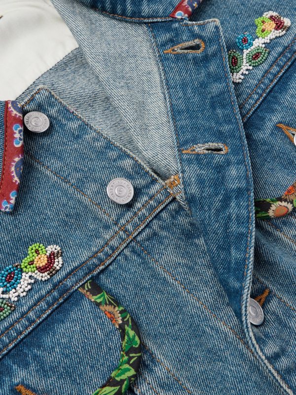 Bead-Embellished Floral-Trimmed Denim Jacket - CU Bead-Embellished Floral-Trimmed Denim Jacket - CU