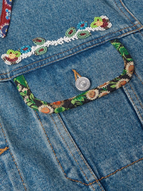 Bead-Embellished Floral-Trimmed Denim Jacket - E1 Bead-Embellished Floral-Trimmed Denim Jacket - E1