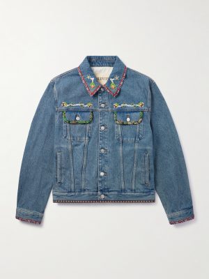Bead-Embellished Floral-Trimmed Denim Jacket