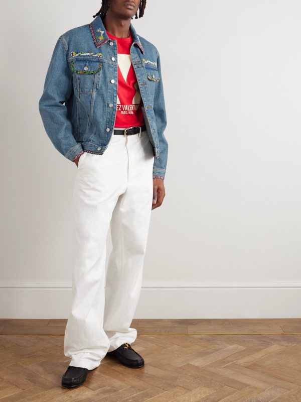 Bead-Embellished Floral-Trimmed Denim Jacket - OU Bead-Embellished Floral-Trimmed Denim Jacket - OU