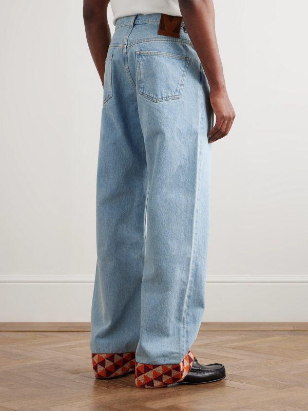 Wide-Leg Jacquard-Trimmed Jeans - BK Wide-Leg Jacquard-Trimmed Jeans - BK