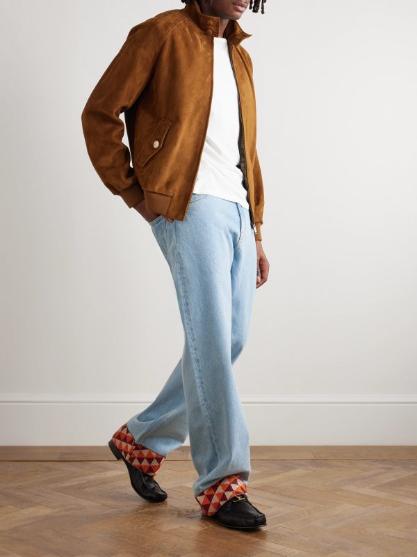 Wide-Leg Jacquard-Trimmed Jeans - OU Wide-Leg Jacquard-Trimmed Jeans - OU